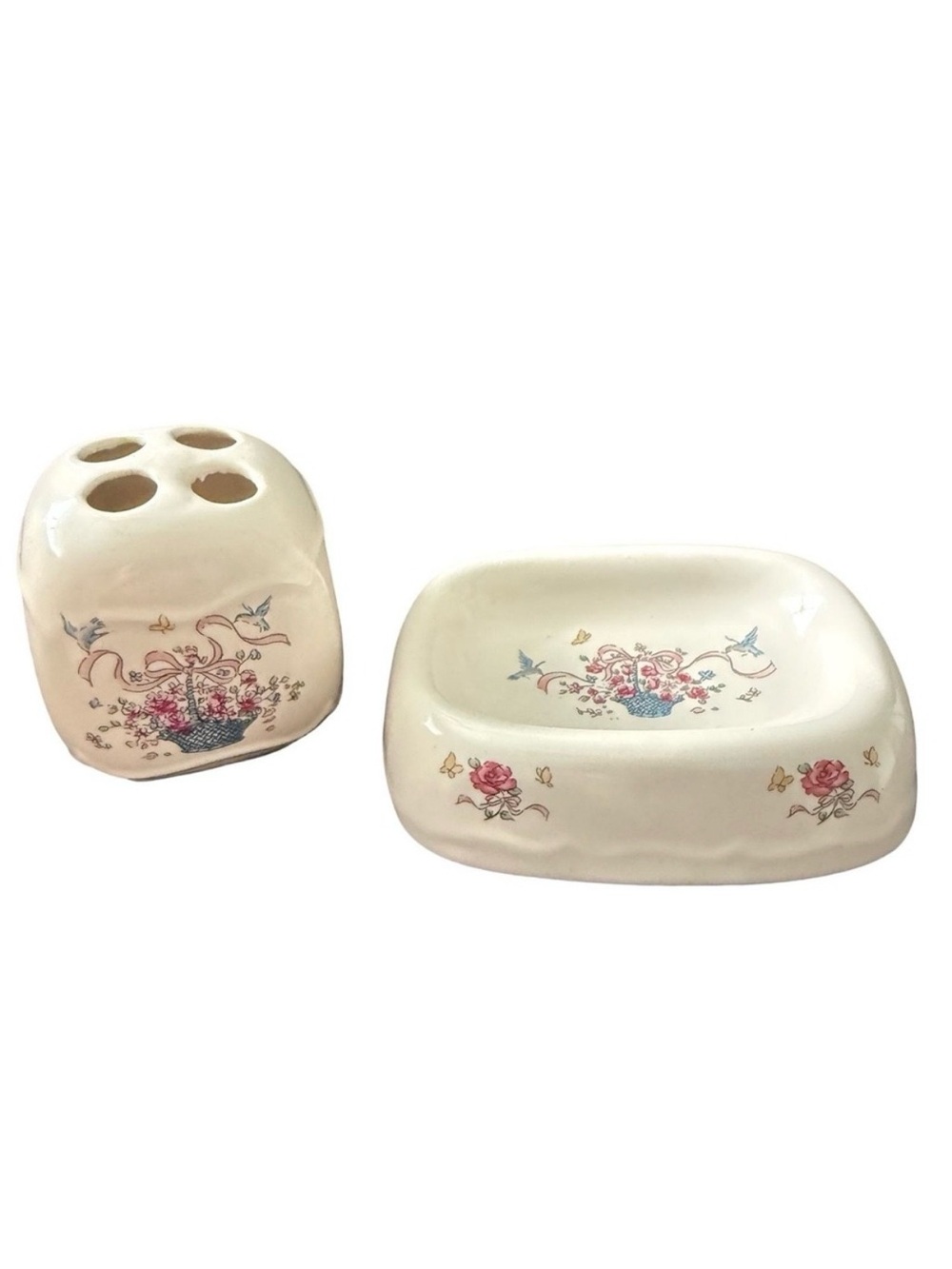 Vintage Soap Dish & Toothbrush Holder Bathroom Blue Bird Floral Bows Cottagecore